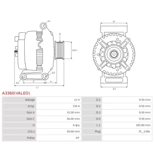 Alternateur 12V 150A Valeo UD800150 115988