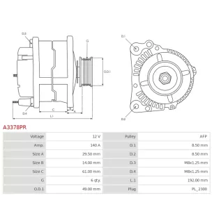 Alternateur 12V 140A Valeo A3378PR 2619548