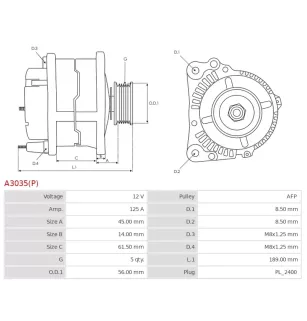 Alternateur 12V 125Amp AS-PL A3035(P), BOSCH 0986049810, NISSAN 23100-00Q1A, 23100-00QAL, 23100-00QAU