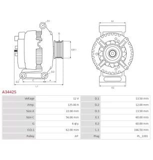 Alternateur 12V 00A Delco A3442S UD16868A