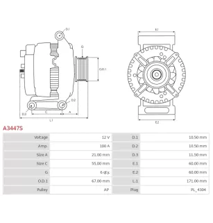 Alternateur 12V 100Amp AS-PL UD17166A, DELCO 15831639, 97241516, ISUZU 8972415160, VALEO 2650424