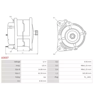 Alternateur 12V 125Amp AS-PL A3037, BOSCH 0986045241, F000BL0787,