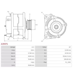 Alternateur 12V 220Amp  AS-PL UD19401A, BMW 12317801124, 12317804266, BOSCH 0986083460, 0986UR6371