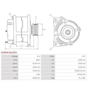 Alternateur 12V 180A Valeo UD90490A DRA2090