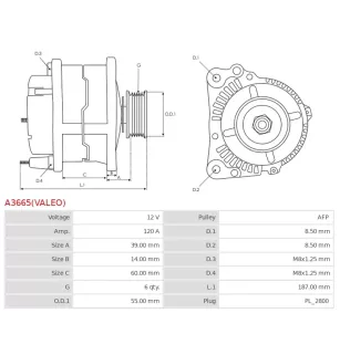 Alternateur 12V 120Amp AS-PL UD800114(VALEO)A, CARGO 116562, DELCO DRA1396, HELLA 8EL011713-961, NISSAN 23100-0027R