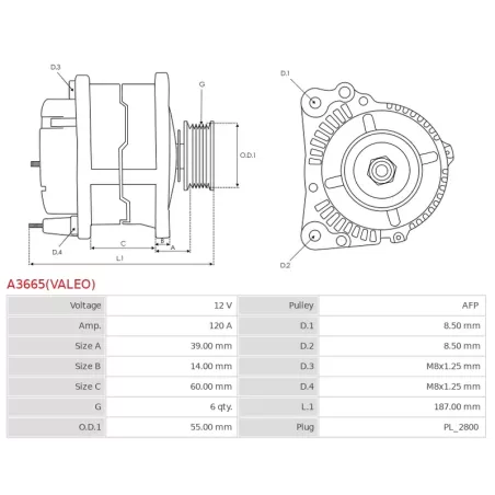 Alternateur 12V 120Amp AS-PL UD800114(VALEO)A, CARGO 116562, DELCO DRA1396, HELLA 8EL011713-961, NISSAN 23100-0027R