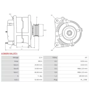 Alternateur 12V 200A Valeo UD809783 DRA1582