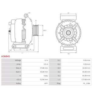 Alternateur 12V 115Amp AS-PL UD101072A, TOYOTA 27060-F2010, VALEO A2714493, FG12T142, KRAUF ALV3934