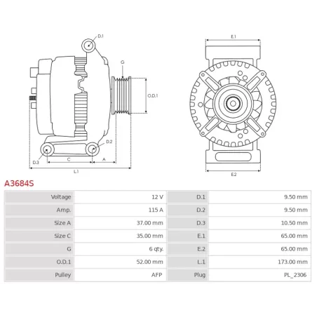 Alternateur 12V 115Amp AS-PL UD101072A, TOYOTA 27060-F2010, VALEO A2714493, FG12T142, KRAUF ALV3934