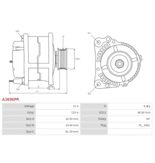 Alternateur 12V 125Amp CARGO 113245, DELCO DRA4208, HELLA 8EL011710-641, MAGNETI MARELLI 063731661010, 944390901690