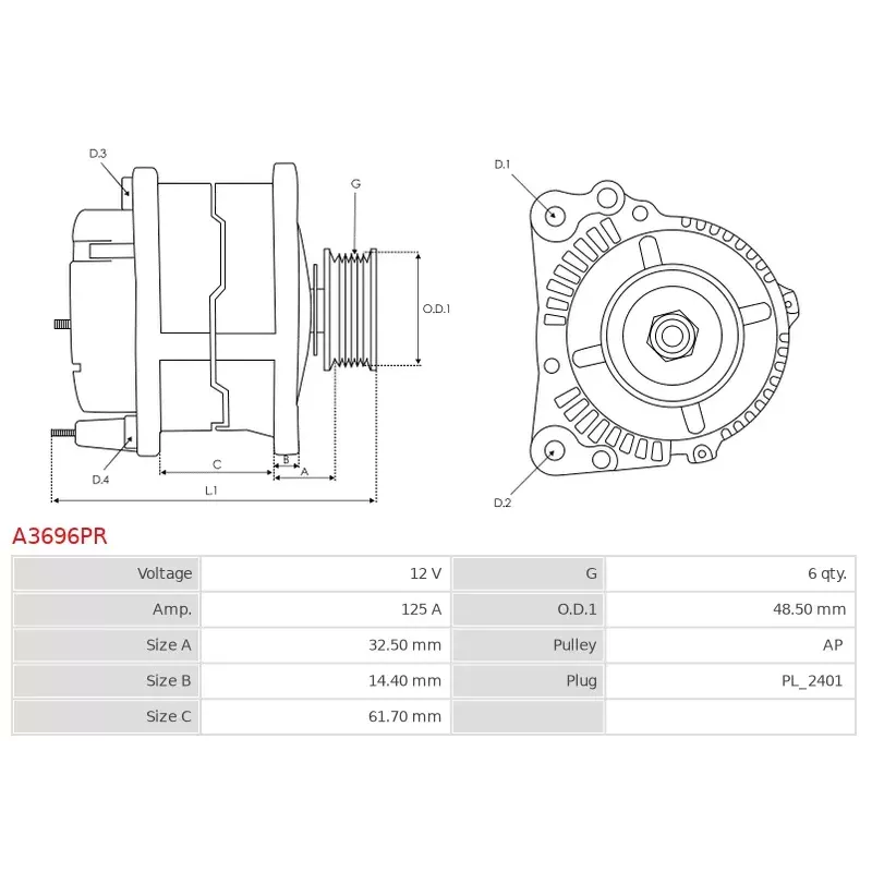 Alternateur 12V 125Amp CARGO 113245, DELCO DRA4208, HELLA 8EL011710-641, MAGNETI MARELLI 063731661010, 944390901690