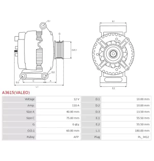 Alternateur 12V 110A Valeo UD800104 116058