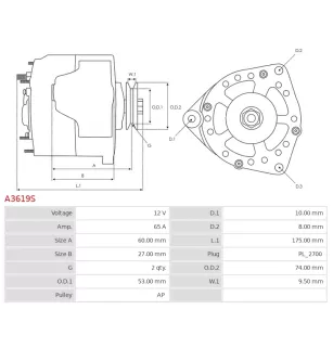 Alternateur 12V 65Amp AS-PL UD19459A, RENAULT 6005003141, 6005003150, VALEO 2541744, 433478