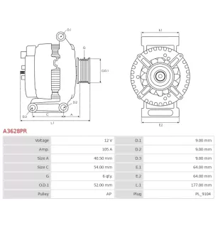 Alternateur 12V 105Amp CARGO 115668, DELCO DA1487, DRA0377, DENSO DAN1001, FIAT 51718494