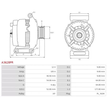 Alternateur 12V 105Amp CARGO 115668, DELCO DA1487, DRA0377, DENSO DAN1001, FIAT 51718494