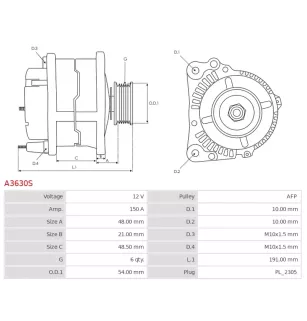 Alternateur 12V 150A Delco A3630S UD90722A