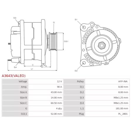 Alternateur 12V 90Amp AS-PL UD813367(VALEO)A, NISSAN 23100-0387R, 23100-5FF0A, 23100-7582R, 2718653A