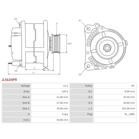 Alternateur 12V 120Amp BOSCH 0986049650, MAGNETI MARELLI 063731622010, 944390903310, MQA1622, OPEL 4401479