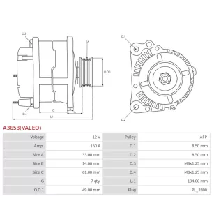 Alternateur 12V 150Amp AS-PL UD809756(VALEO)A, CARGO 116710, DELCO DRA0807, HELLA 8EL011713-751, NISSAN 23100-7033R