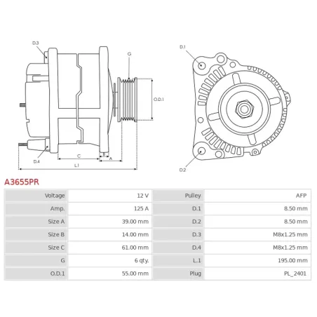 Alternateur 12V 125Amp BOSCH 0986082600, CARGO 113862, 116325, HELLA 8EL011710-901, MAGNETI MARELLI 063731933010