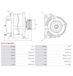 Alternateur 12V 180A Valeo UD816251 DRA1813