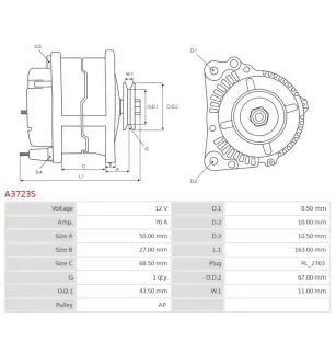 Alternateur 12V 70Amp AS-PL UD101973A, PEUGEOT 75491911, 75492505, 95494138, 95580176