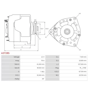 Alternateur 12V 70Amp AS-PL UD30156A, CARGO 114084, F032114084, ISKRA / LETRIKA 11.201.255, AAK4105