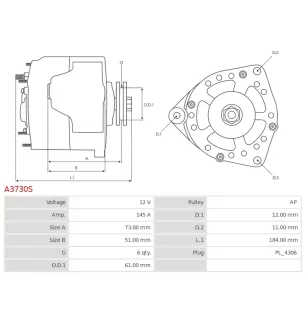 Alternateur 12V 145Amp AS-PL UD102183A, VALEO 2650492A, TG15C047, TG15C108, 3EFFE ALTJ461