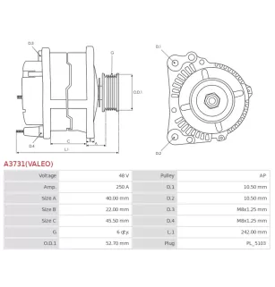 Alternateur 48V 250Amp AS-PL UD102346(VALEO)A, LAND ROVER KPLA-11A240-AB, KPLA-11A240-AC, LR121193, LR137909