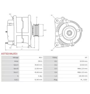 Alternateur 48V 250Amp AS-PL UD102345(VALEO)A, JAGUAR J9C18054, J9C18054E, J9C24876, LAND ROVER K8D2-11A240-AB