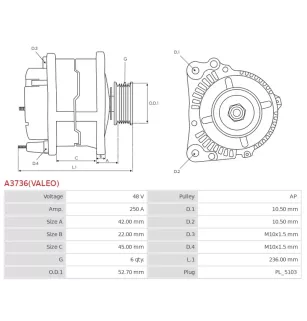 Alternateur 48V 250Amp AS-PL UD102349(VALEO)A, LAND ROVER 02J9C23097, 02J9C34726, 2J9C23097, 2J9C34726