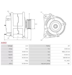 Alternateur 12V 70Amp  AS-PL A4002, UD30028A, BOSCH 0986036631, CARGO 111742, FORD 1406091