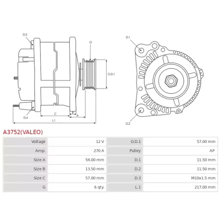 Alternateur 12V 270Amp AS-PL UD820837(VALEO)A, FORD 2416844, 2542671, 2598659, 2639394