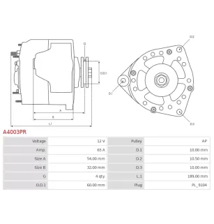 Alternateur 12V 65Amp  BOSCH 0986039471, CARGO 111411, DELCO DA4463