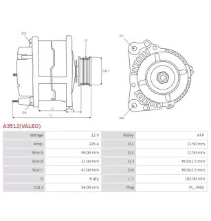 Alternateur 12V 225A Valeo UD809210 DA2702