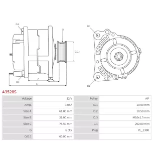 Alternateur 12V 140A A3528S UD18955A
