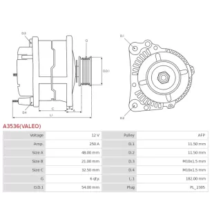 Alternateur 12V 250Amp AS-PL UD810420(VALEO)A, CARGO 116635, FORD GK2T-10300-CA, GK2T-10300-CA06, GK2T-10300-CB