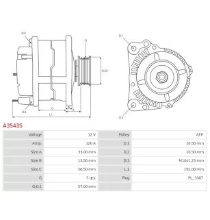 Alternateur 12V 120A Delco A3543S UD19338A
