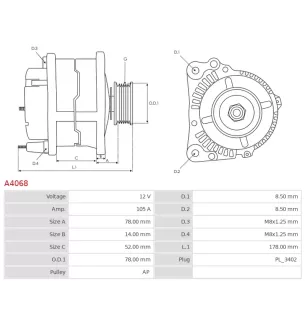 Alternateur 12V 105Amp AS-PL A4068, BOSCH 0986082100, CARGO 114804, DELCO DRA0087, DENSO 101210-0921