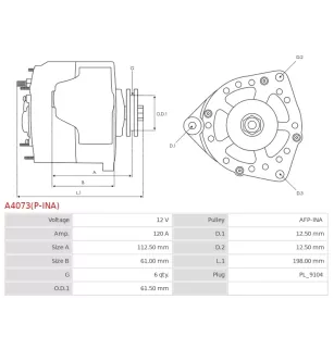 Alternateur 12V 120Amp AS-PL UD804961(DENSO)A, BOSCH 0124425100, 0986049530, CARGO 114204, DELCO DA1399