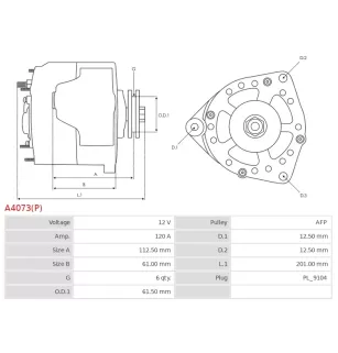 Alternateur 12V 120Amp AS-PL A4073(P), UD20647A, UD804961(DENSO)A