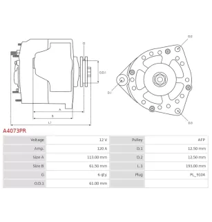 Alternateur 12V 120Amp BOSCH 0124425100, 0986049530, CARGO 114204, DELCO DA1399, DA5373