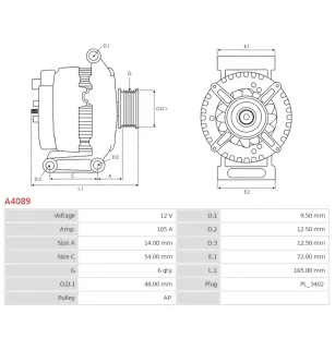 Alternateur 12V 105Amp AS-PL A4089, DENSO 102211-8351, 102211-8352, 102211-8353, 102211-8354