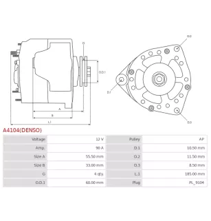 Alternateur 12V 90Amp DENSO 101210-1480, DAN631, FIAT 46736968