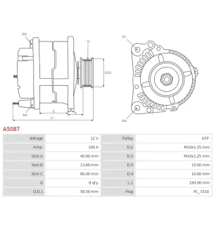Alternateur 12V 100A Delco A5087 UD02288A