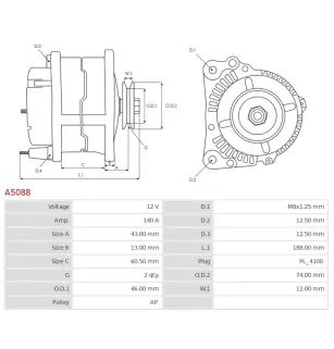 Alternateur 12V 140A Mitsubishi A5088 UD02286A
