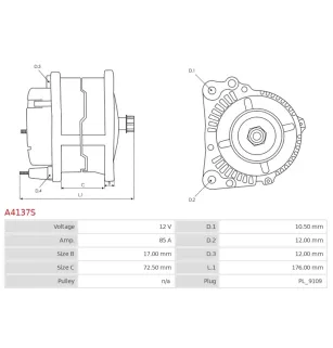 Alternateur 12V 85Amp  AS-PL UD19397A, CARGO 114384, DELCO DA2463, DRA1353, MAGNETI MARELLI 63220082010