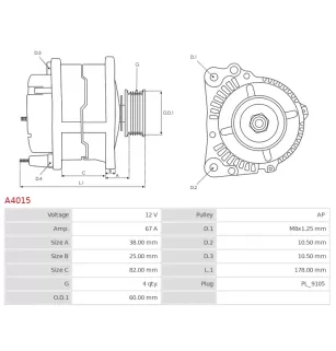 Alternateur 12V 67Amp  AS-PL A4015, BOSCH 0986038401, CARGO 111361, F032111361, NISSAN 23100-71J00EP