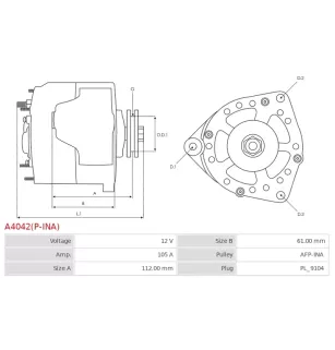 Alternateur 12V 105Amp AS-PL A4042(P-INA), BOSCH 0986048791, 0986048793, CARGO 113955, 114801