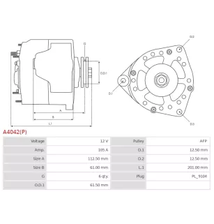 Alternateur 12V 105Amp AS-PL A4042(P), UD20644A, BOSCH 0986048791, 0986048793, CARGO 113955